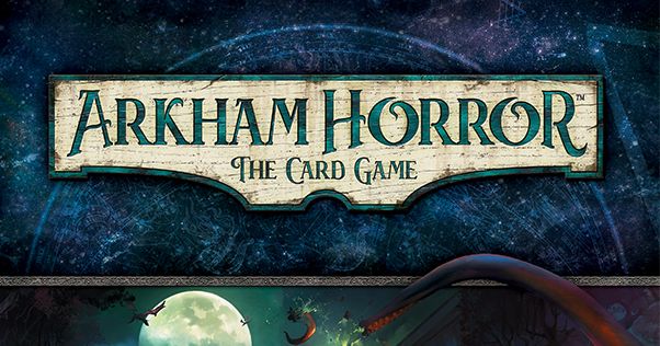 Box art for Arkham Horror: The Card Game showing an investigator confronting a shadowy cosmic horror