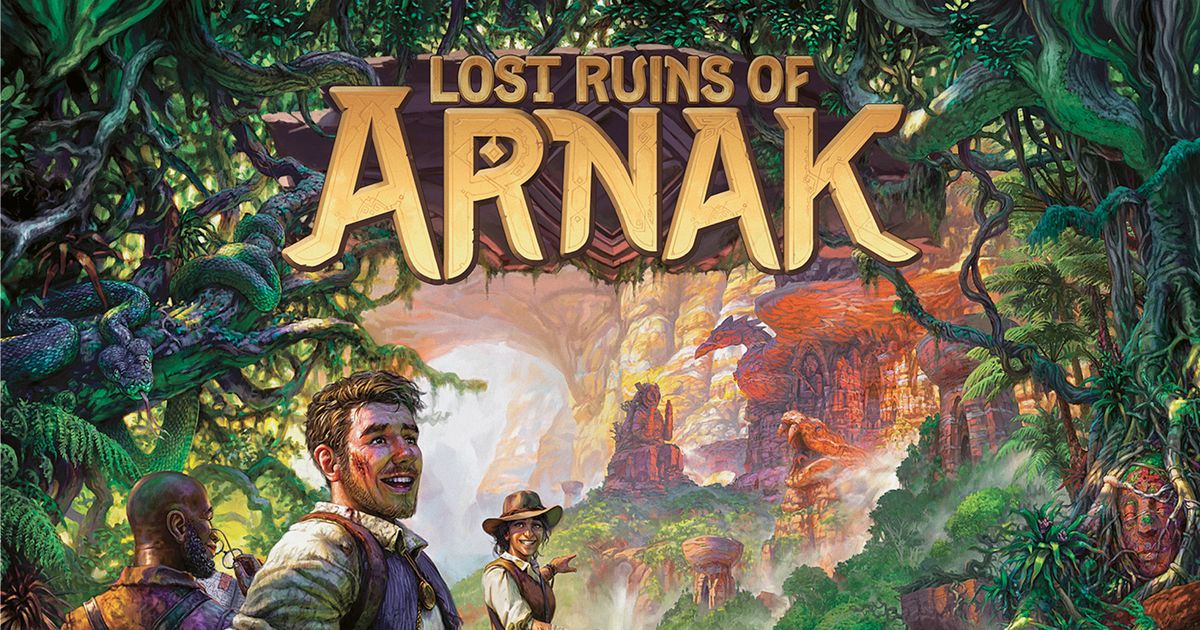 Box art for Lost Ruins of Arnak showing an explorer discovering ancient ruins on a jungle island