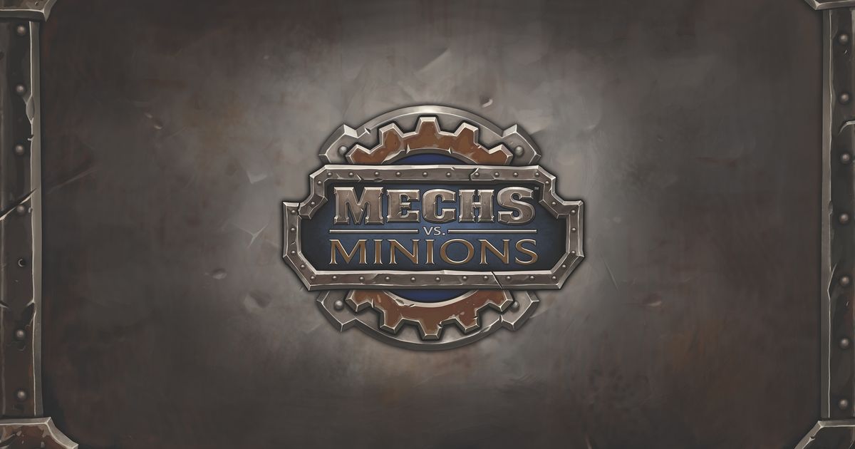 Box art for Mechs vs. Minions showing armored pilots battling hordes of small mechanical minions
